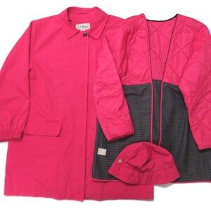 LL Bean 3 in 1 Jacket Womens XL Pink + Bucket‎ Hat Long Trench Nylon Wool Rain